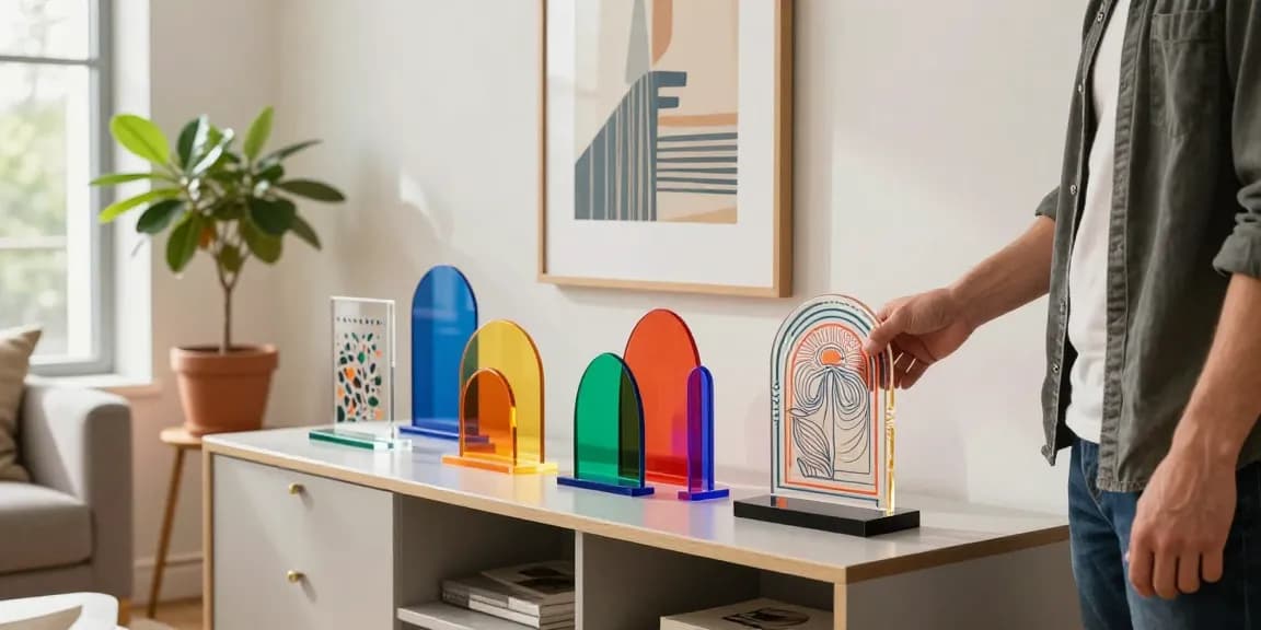 Vibrant custom acrylic stand showcasing intricate designs in a stylish living room.