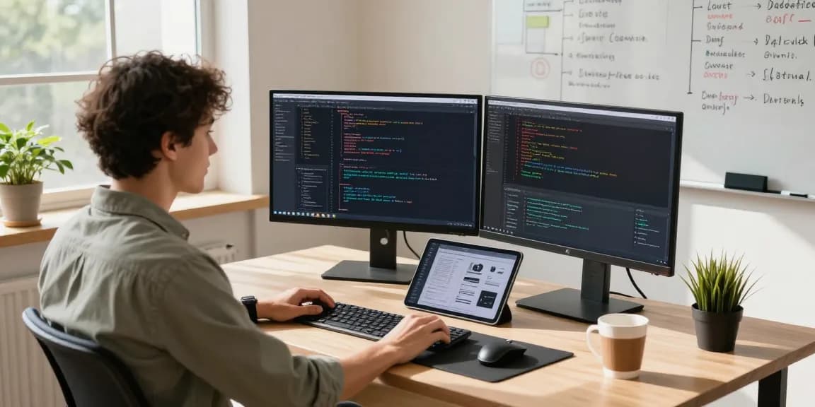 Dynamic software development workspace featuring multiple screens and design tools from https://rtischeduler.co.uk/ in a bright office.