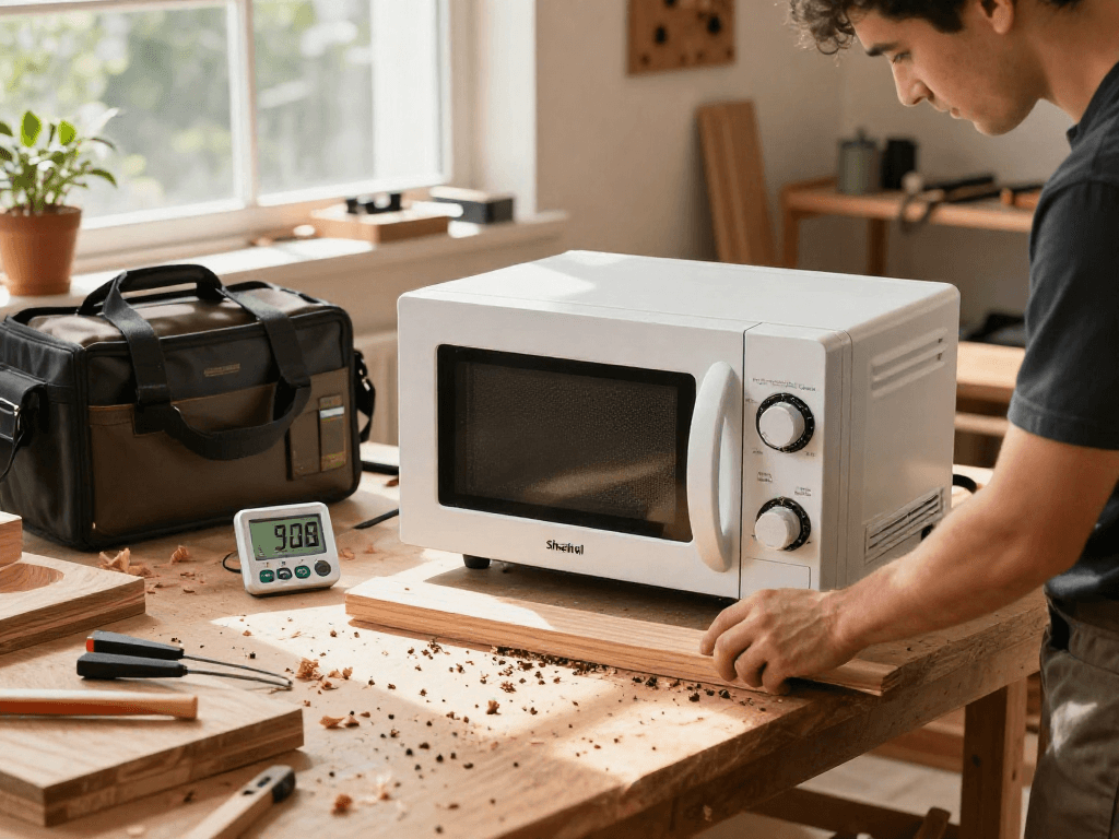 Shashel microwave equipment in use to eliminate wood pests in a craftsman's workshop.