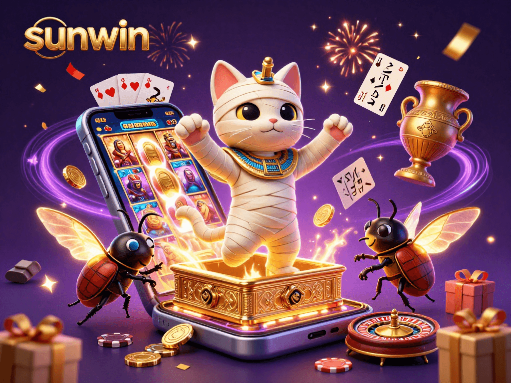 Sunwin's thrilling slots come alive with the mummy cat in a vibrant pyramid casino.