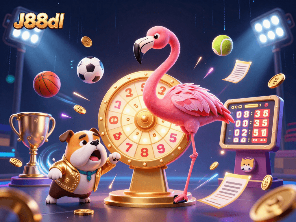 Engage with J88dl through a vibrant game show scene featuring colorful characters and dynamic sporting elements.