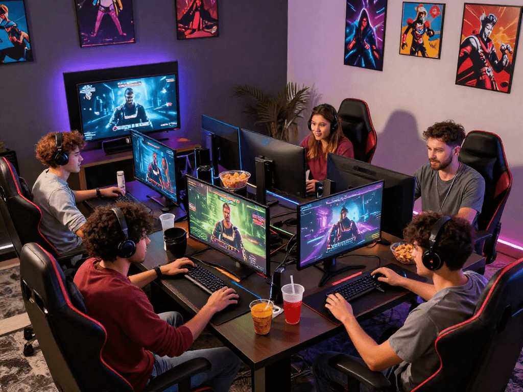 Engaging group playing interactive porn games in a vibrant gaming lounge.