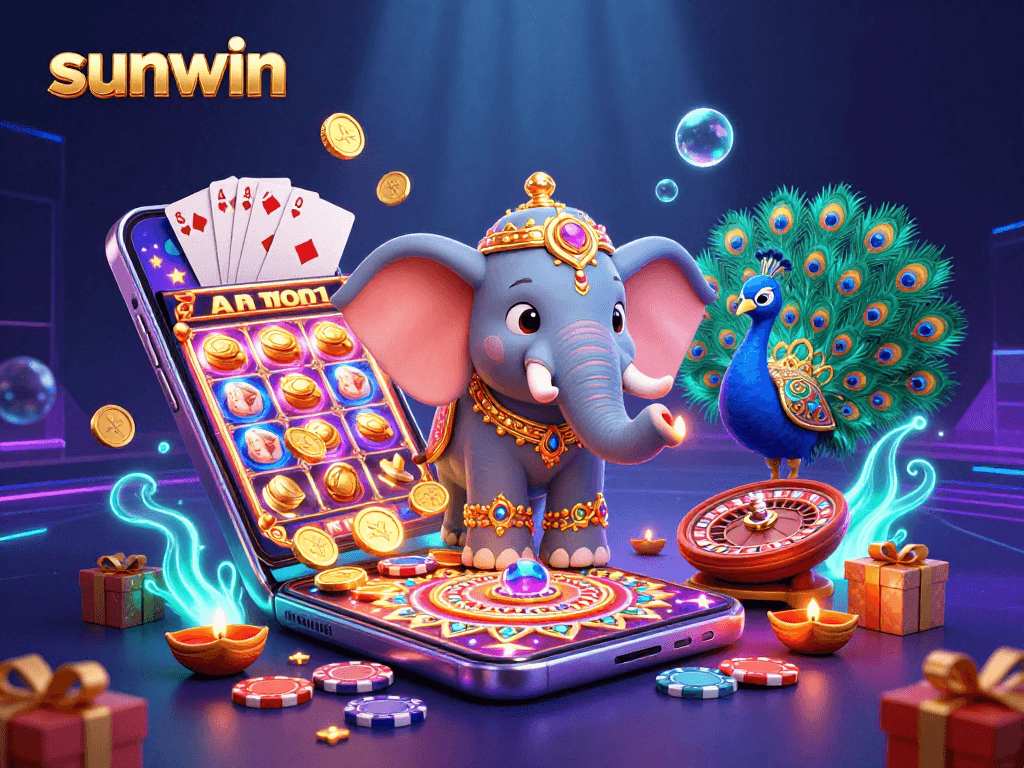 Experience the thrill of sunwin slots with vibrant elephants and colorful casino elements.