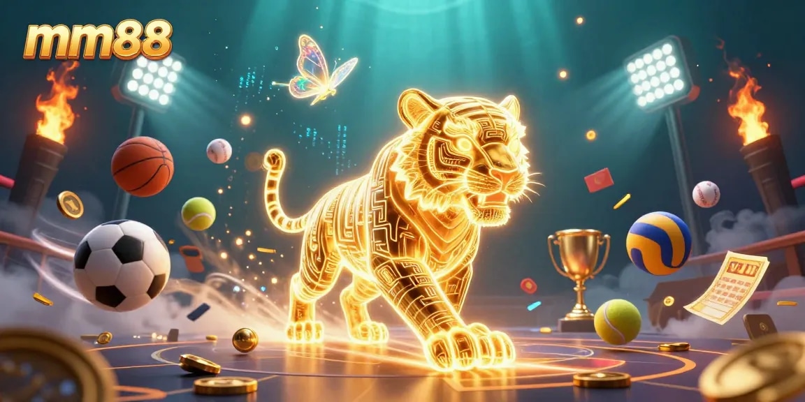 Bet on mm88 with a vibrant casino scene featuring a golden tiger and dynamic sports elements.