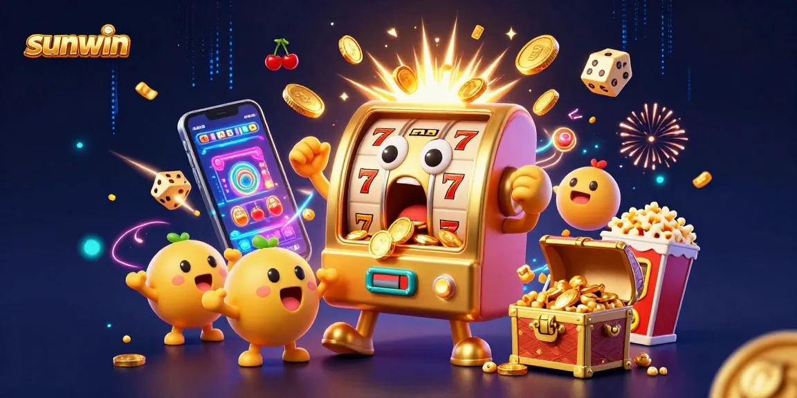 Sunwin slot machine celebrates a jackpot with coins and excitement in a vibrant casino scene.
