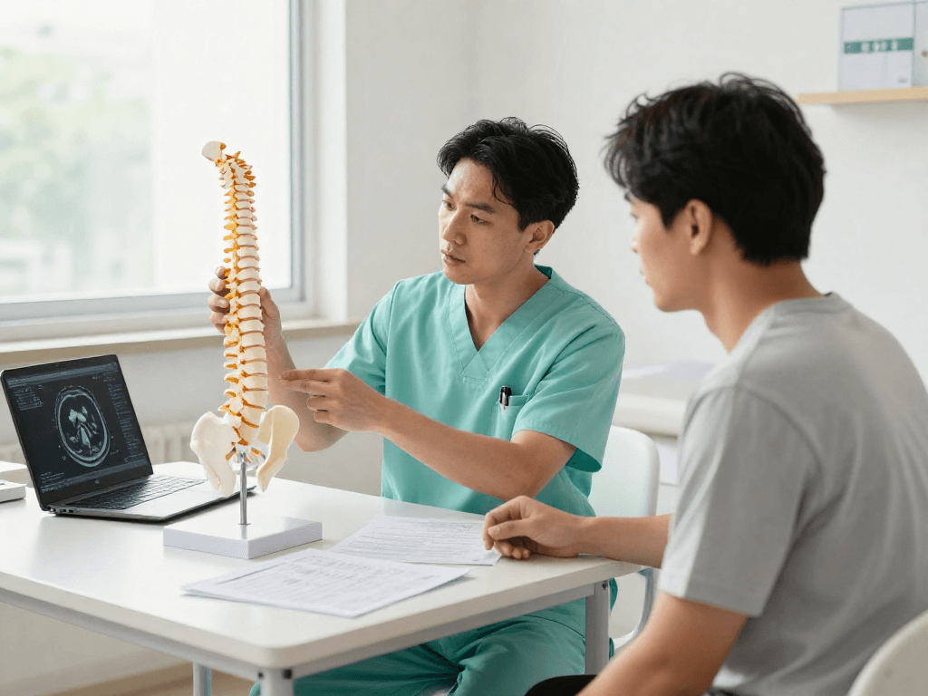 A medical consultation focusing on Bel kayması ameliyatı, with a doctor explaining spondylolisthesis treatment options to a patient.