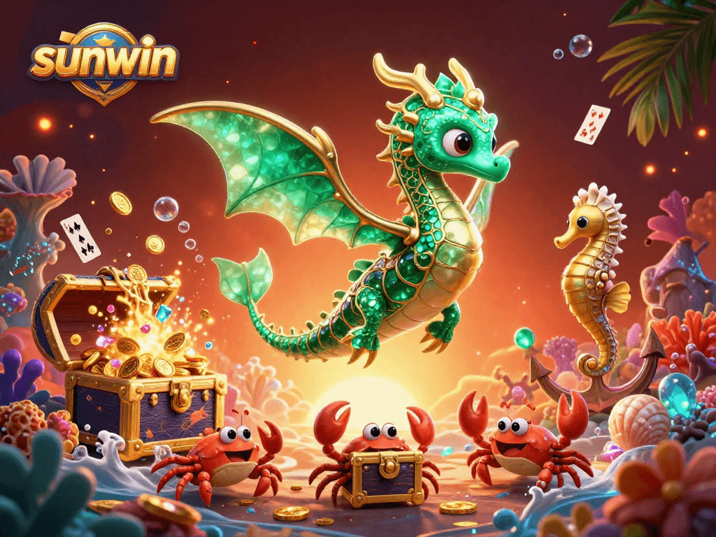 Experience the excitement of sunwin with a vibrant 3D illustration featuring magical sea creatures and casino elements.