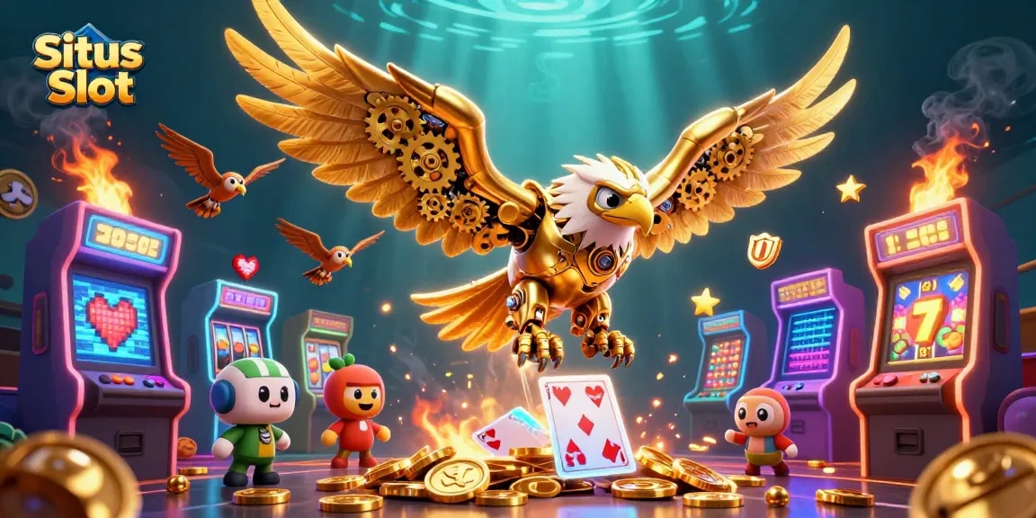 Situs Slot featuring a cybernetic eagle amidst vibrant casino elements showcasing gaming excitement