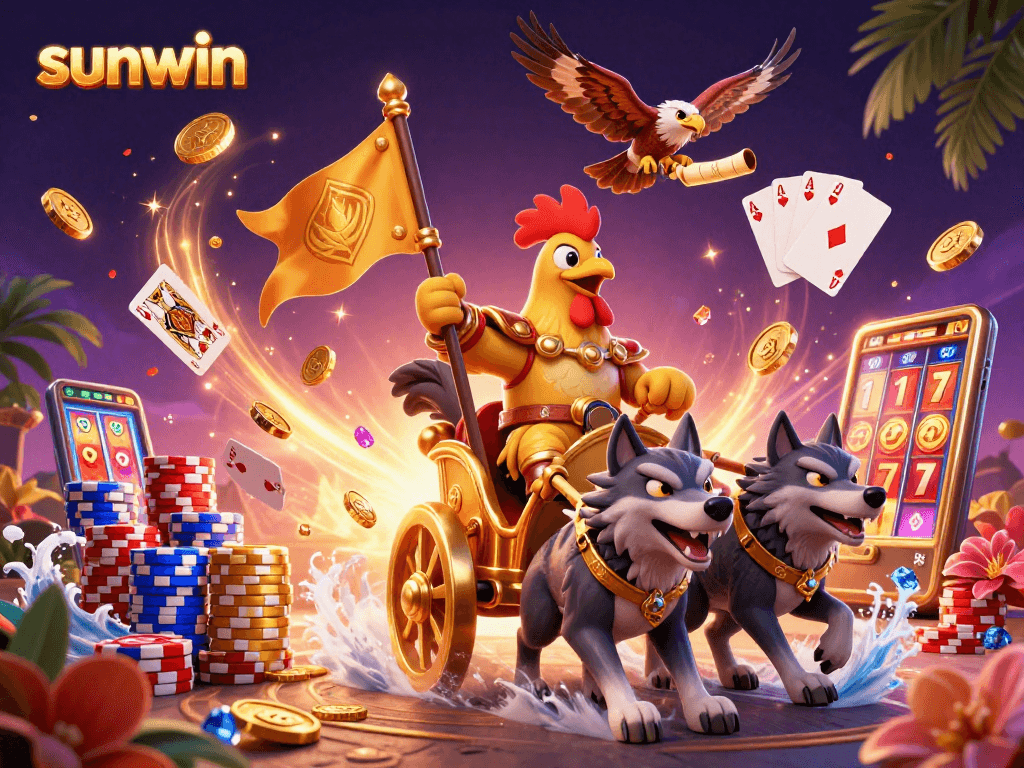 Experience the excitement of sunwin with a dazzling 3D scene featuring a rooster warlord and cascading coins.