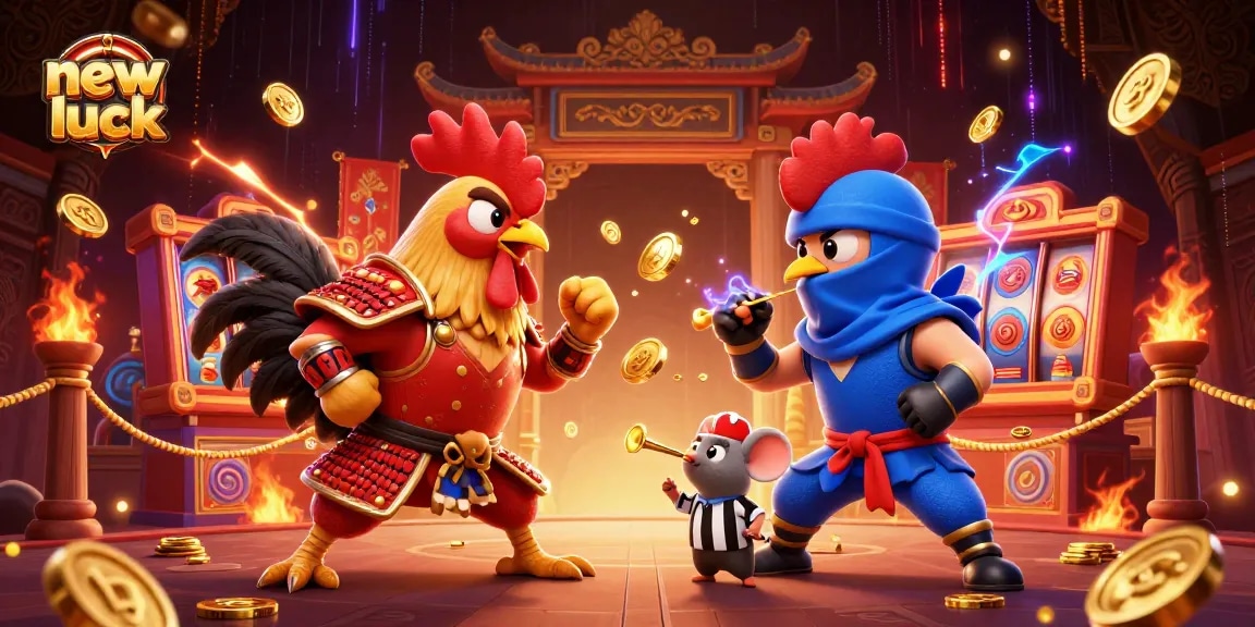 Experience thrilling action at new pk luck with a dramatic rooster showdown amidst vibrant casino elements.