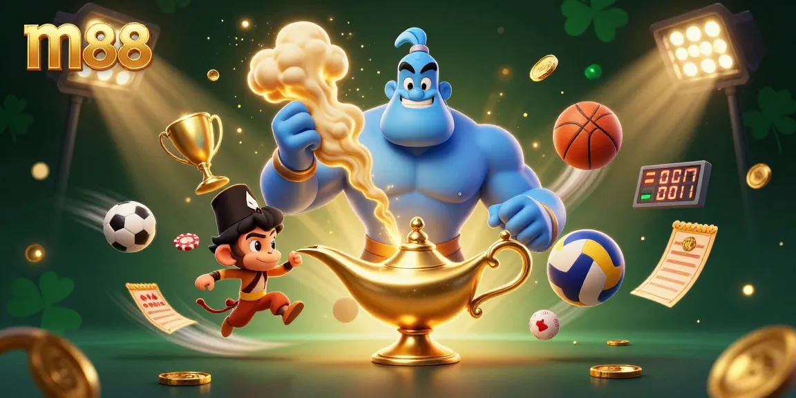 Bet on m88 with a vibrant Asian casino scene showcasing a blue genie, monkey, and sports elements