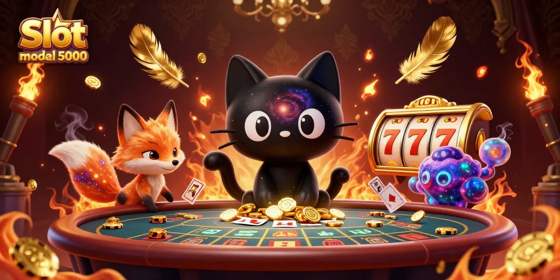 Slot modal 5000 menunjukkan kucing lubang hitam 3D menarik chip emas dan kartu di meja kasino.