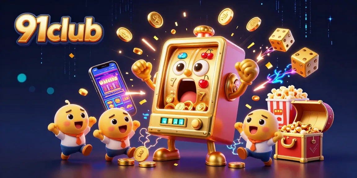 Engage with the thrilling world of 91club as golden slot machines celebrate jackpots amidst vibrant casino energy.