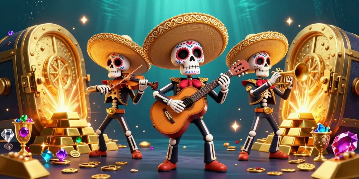Experience the excitement of jackpots with XX88 COM as dynamic mariachi skeletons celebrate surrounded by treasures.