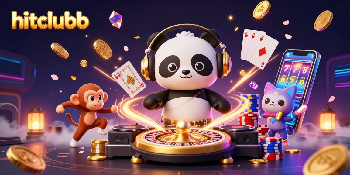 In a vibrant casino scene, hitclubb showcases a DJ panda spinning roulette wheels while a dancing monkey and a kitten wave glow sticks amidst flying coins and cards.