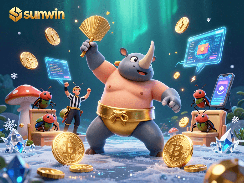Experience the thrilling battle in a dynamic sunwin crypto casino scene with vibrant characters and coins.