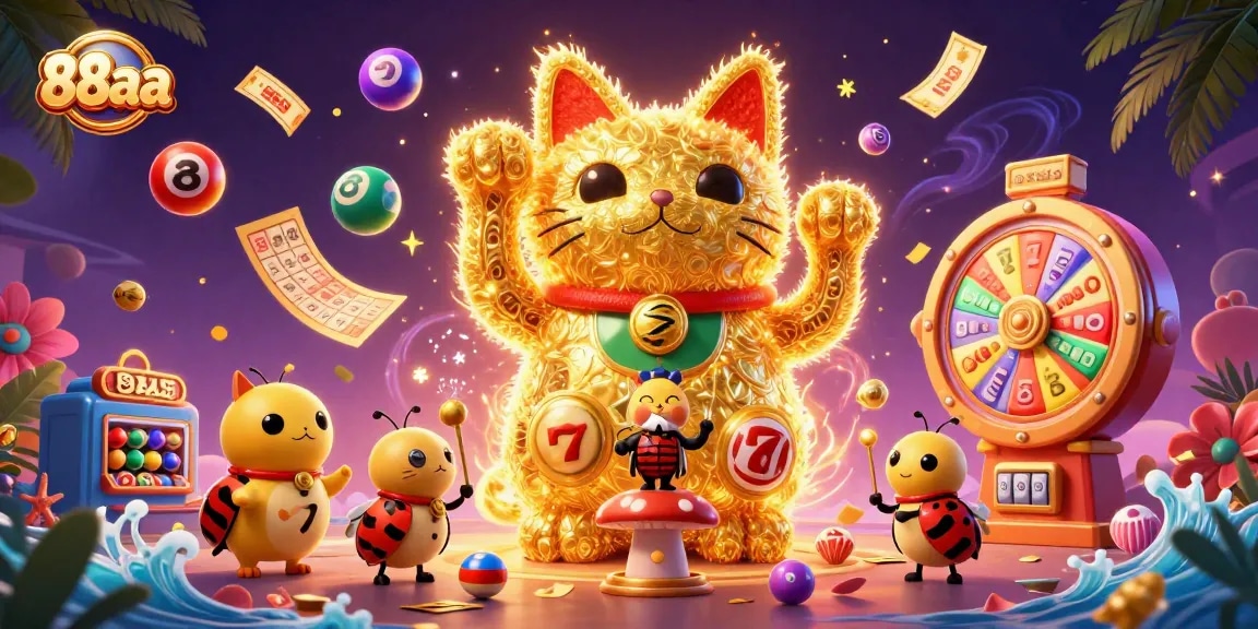 88aa offers exciting gambling experiences with a dynamic lucky cat and colorful casino elements.