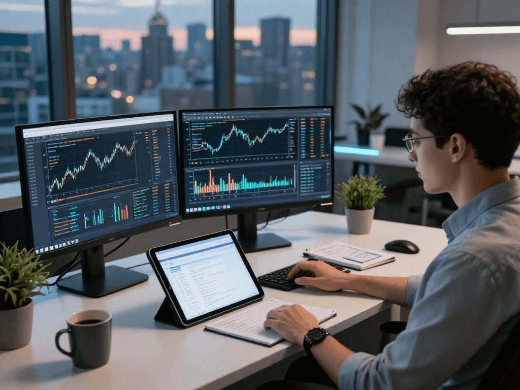 Dynamic workspace showcasing natural gas futures Kline API displayed on monitors and real-time data analysis.