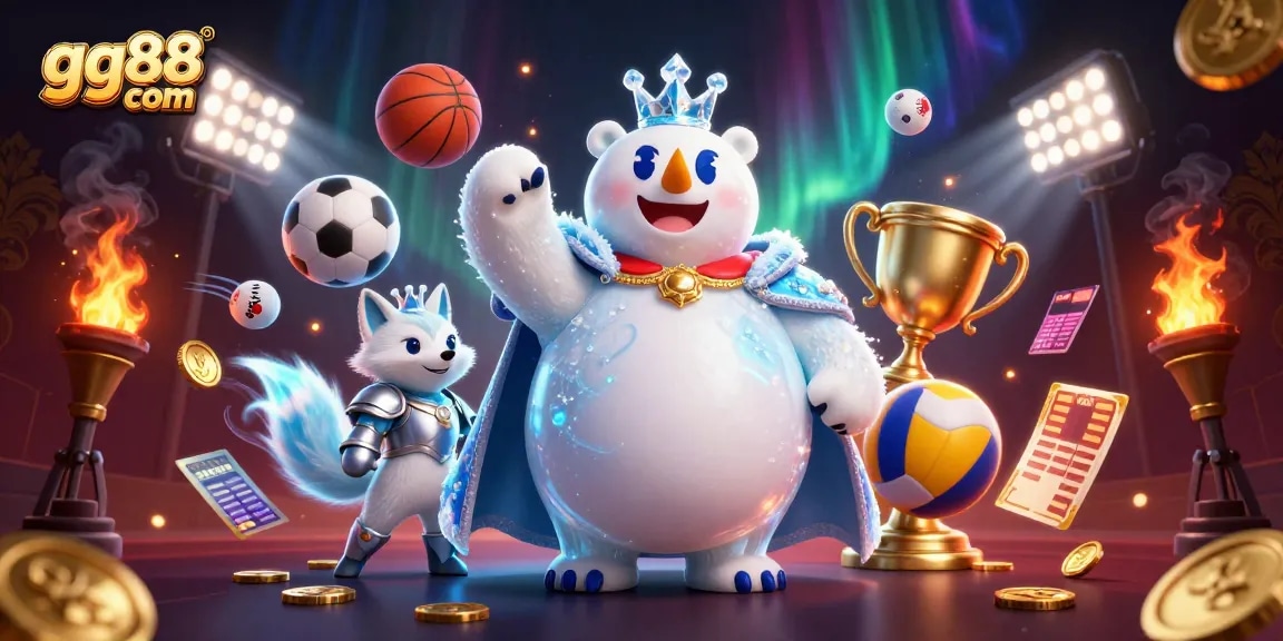 Experience thrilling games at gg88 com with energetic casino elements, showcasing iconic characters and dynamic sports elements.