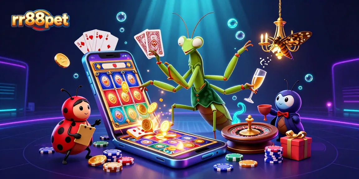 Interact with rr88pet's vibrant casino scene featuring a mantis dealer and a ladybug pit boss