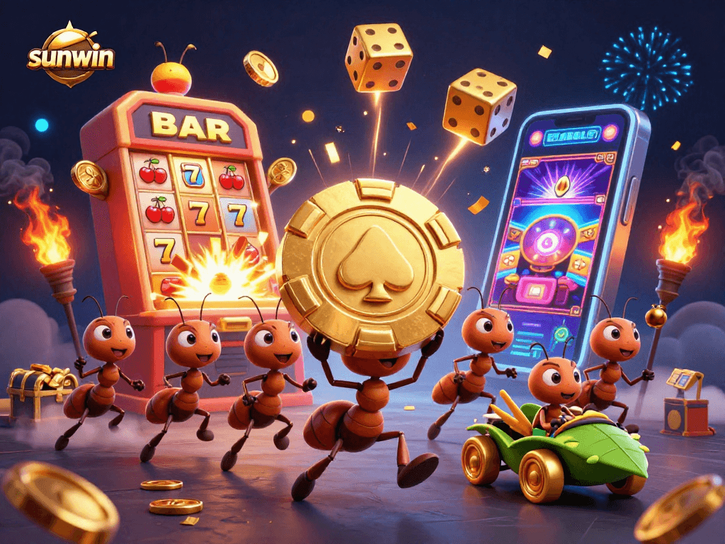 Play thrilling casino games at sunwin with a cartoon heist featuring ants and golden treasures.