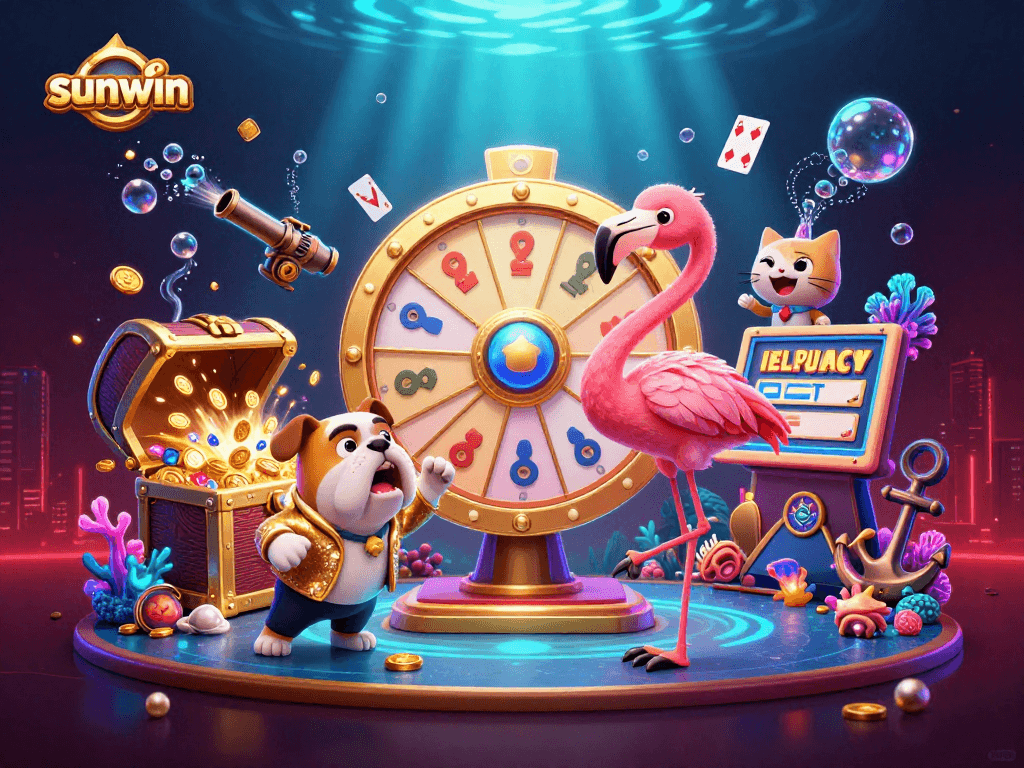 Engage with sunwin's exciting gaming scene featuring lively characters and vibrant casino elements.
