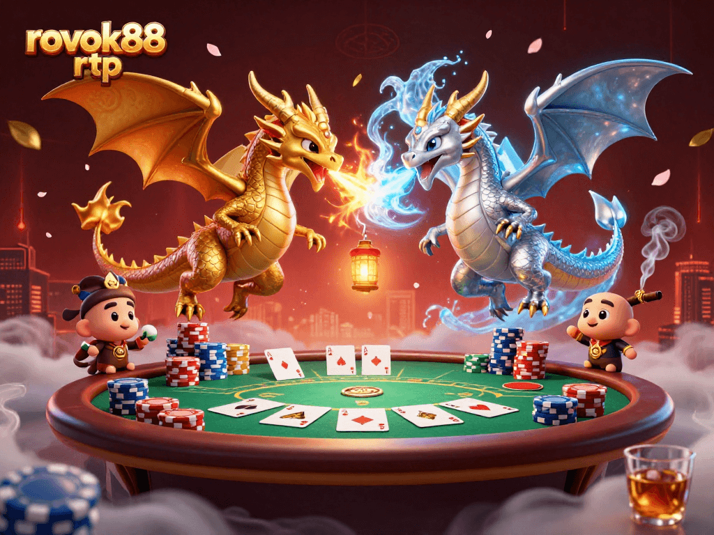 Experience epic battles between gold and silver dragons amidst a vibrant poker scene with rokok88 rtp branding.