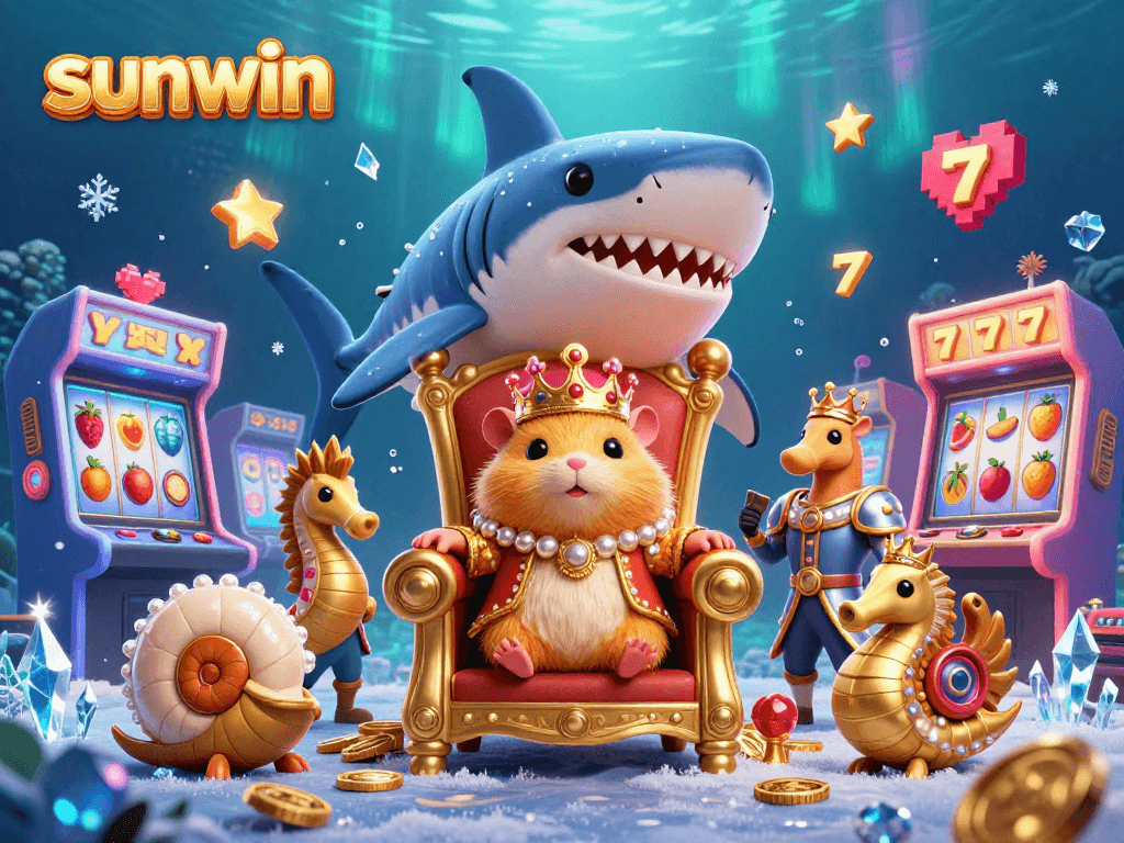 Win big at slots with sunwin: colorful 3D underwater scene featuring a golden hamster king.