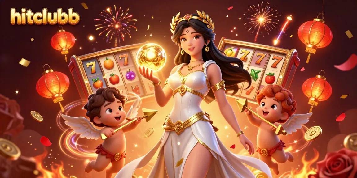 Play and win at hitclubb with a vibrant scene of 3D characters and festive casino elements around them.