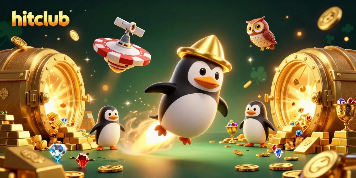 Experience the thrill of hitclub as the golden penguin races to a cosmic casino adventure!