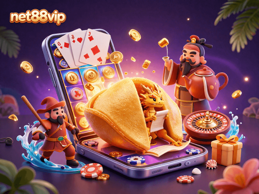 Experience net88vip with a captivating casino scene featuring golden cookie dragons and gaming actions.