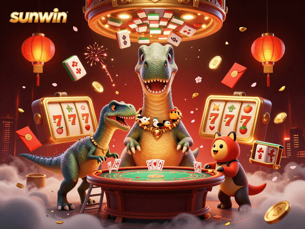 Sunwin casino scene showcasing a tall dinosaur overlooking a poker table with vibrant game elements.