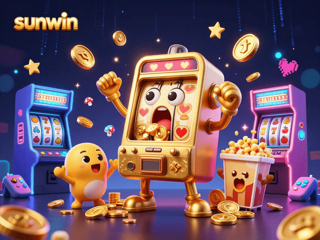 Sunwin's thrilling slot machine illustration features characters hitting jackpots and celebrating in a vibrant casino scene.