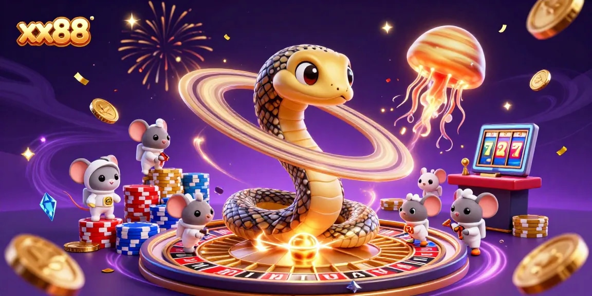 Experience thrilling bets in an ultra-detailed cosmic casino scene with xx88's engaging designs.
