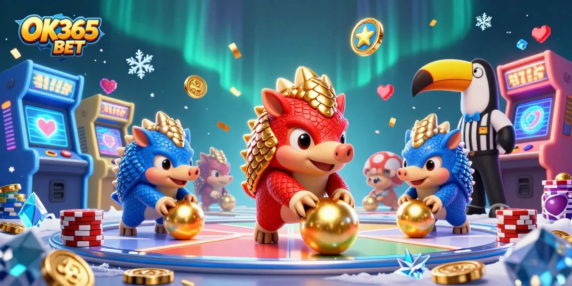 Experience the excitement of OK365 BET with pangolins rolling poker chips in a vibrant casino scene.