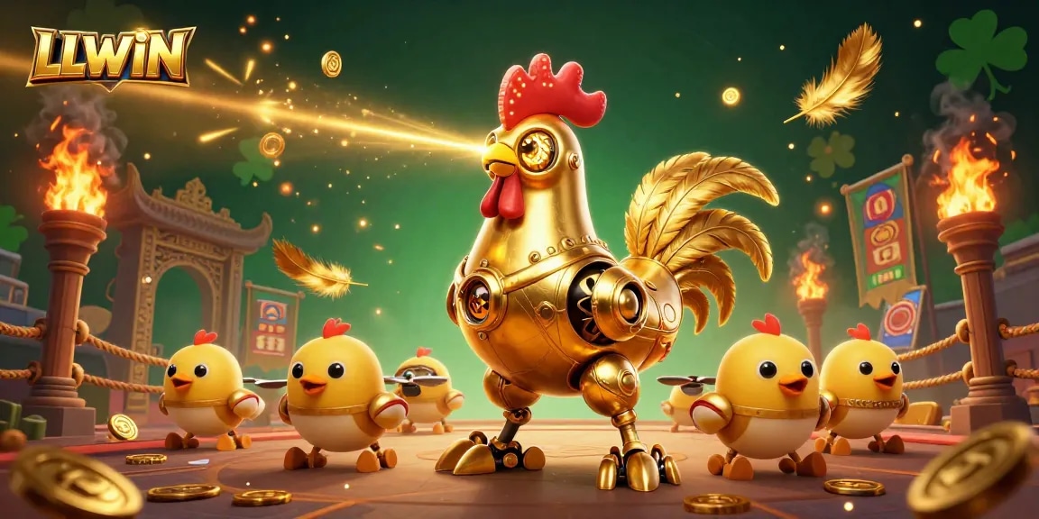 LLWIN showcases an exciting 3D casino scene with a golden rooster robot and baby chick drones, surrounded by dynamic game elements.