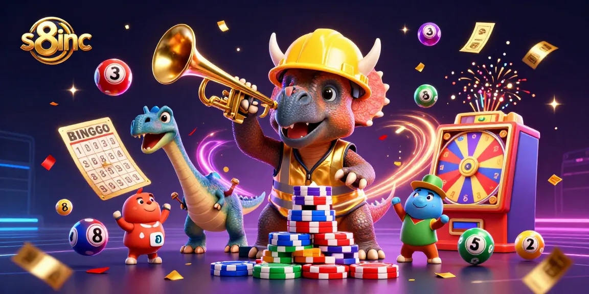 Engage with s8inc's vibrant gaming world featuring celebratory dinosaurs and dynamic gambling elements.