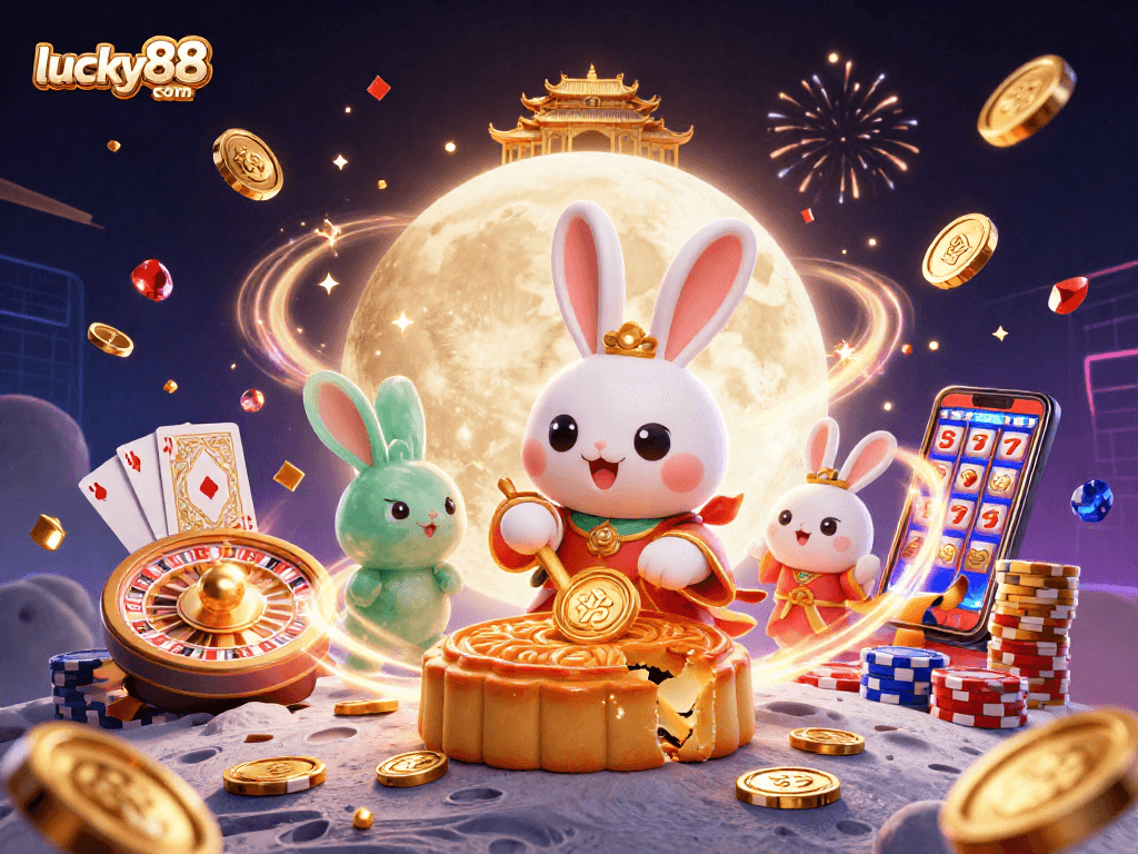 Experience the thrill of lucky88 com with vibrant casino elements and dynamic characters in a moonlit scene.