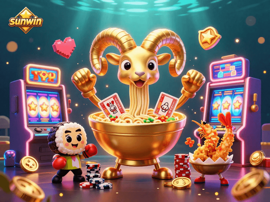 Engage with sunwin's vibrant slot gaming experience featuring a golden ramen bowl and fun characters.