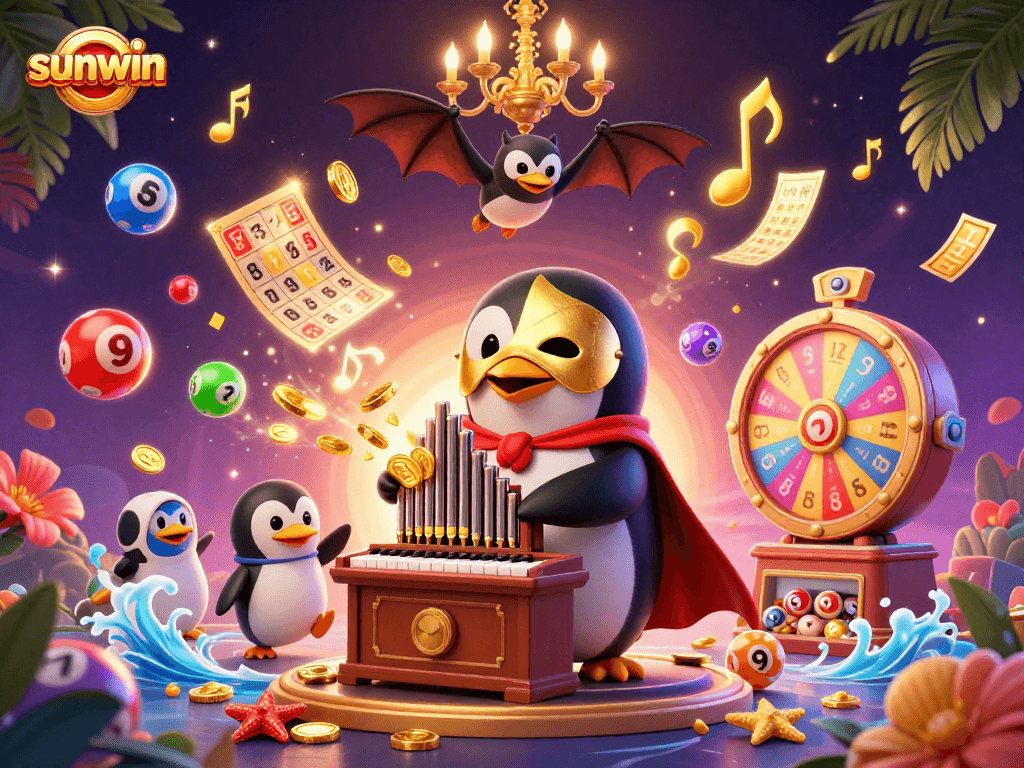 Sunwin showcases a vibrant 3D casino scene with a penguin organist, golden coins, and lottery excitement.