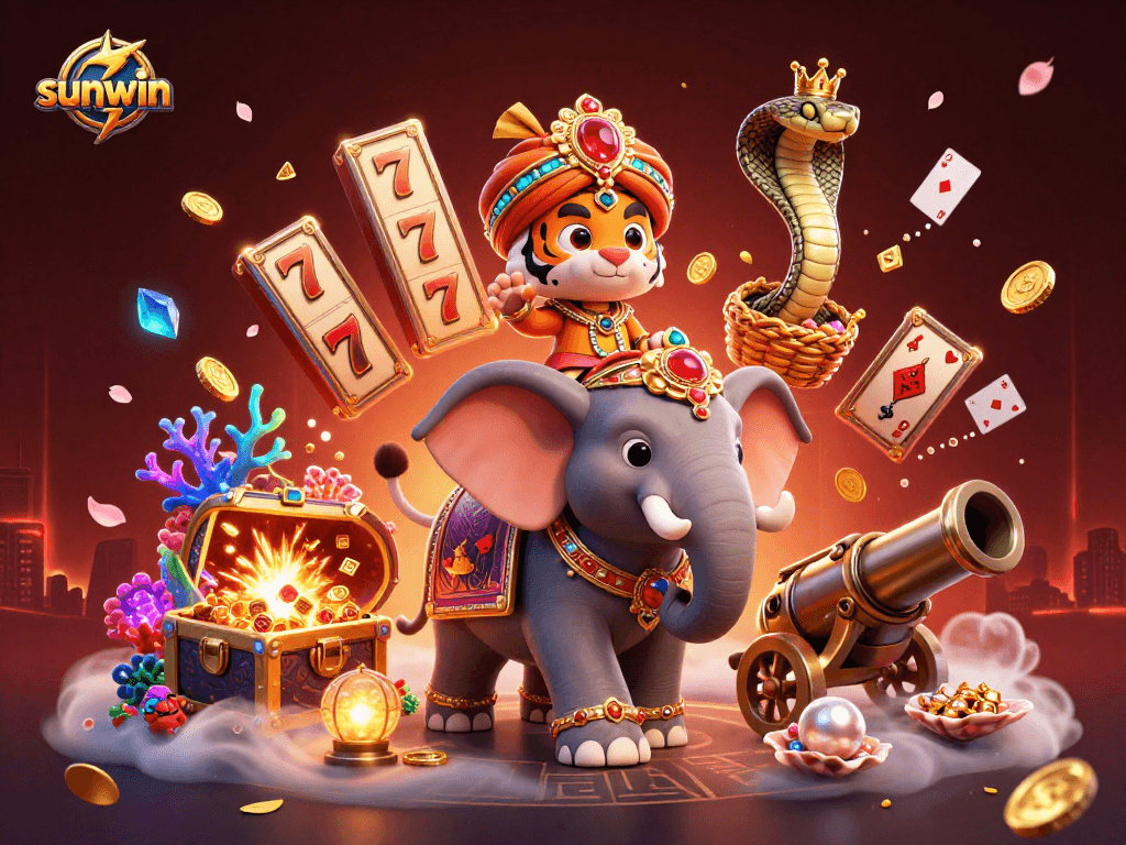 Experience the excitement of sunwin casino with vibrant 3D illustrations filled with floating slot reels and treasures.