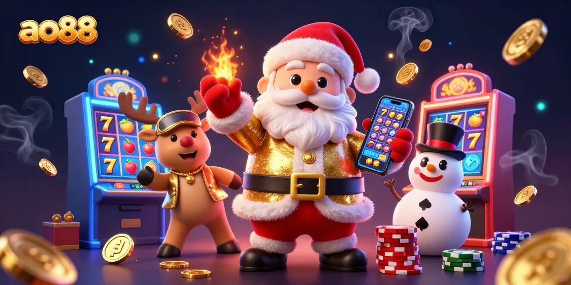 Spin the reels at ao88 with Santa and friends celebrating big wins in a vibrant casino.