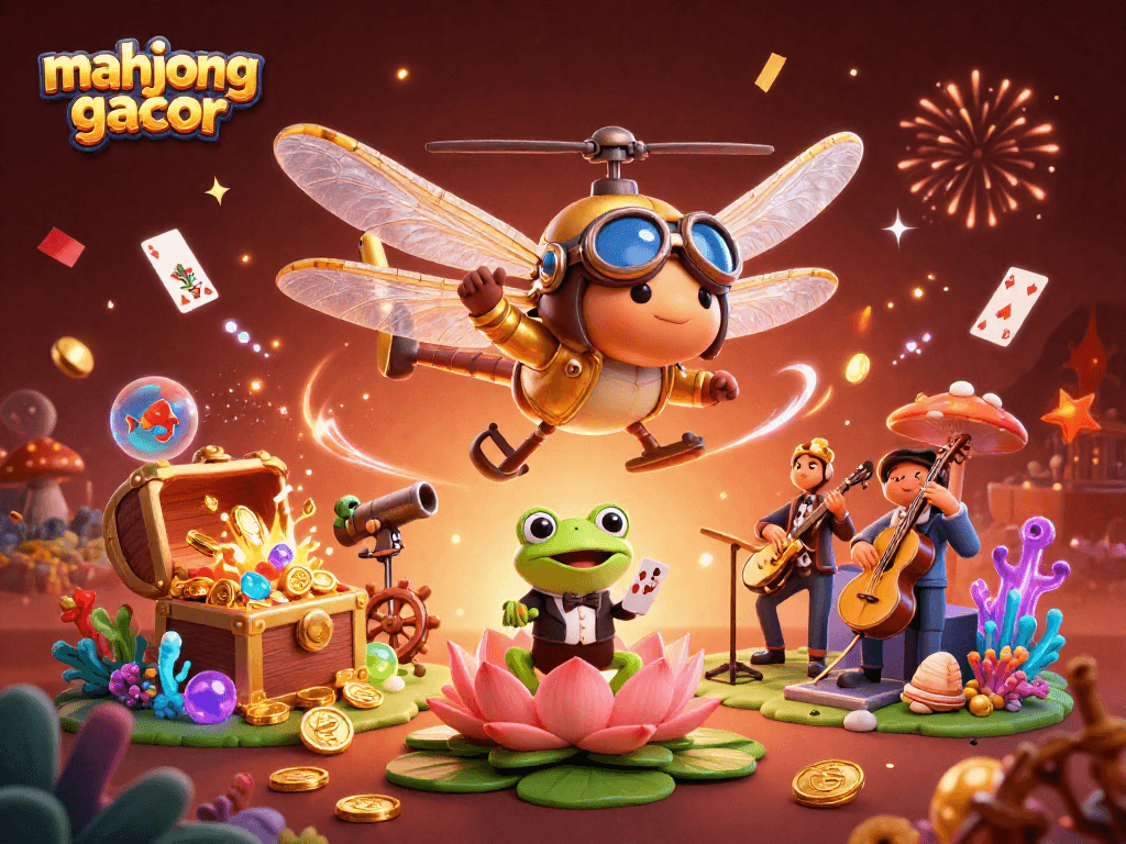 Engage with mahjong gacor action at a vibrant lily pad casino scene filled with dynamic gaming elements.