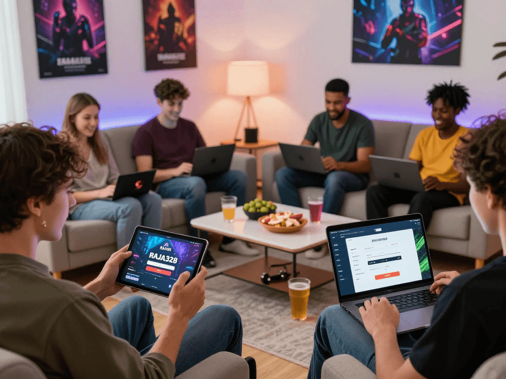 Engaged players using the RAJA328 login interface on various devices at home, showcasing vibrant online gaming culture in 2026.