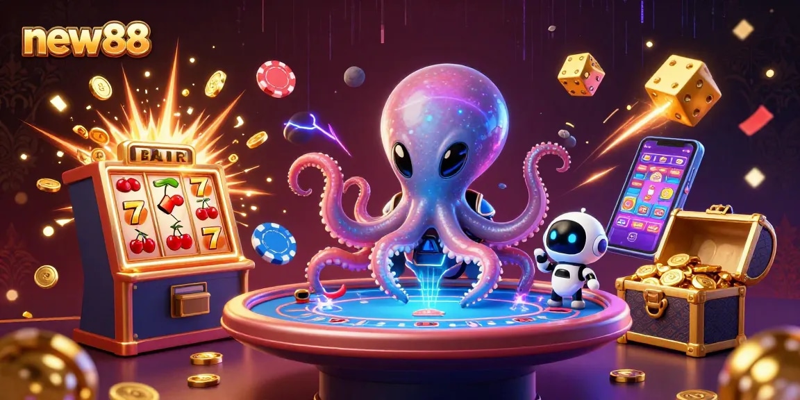 Play exciting games at new88 with a vibrant alien octopus and jackpot bursting elements!