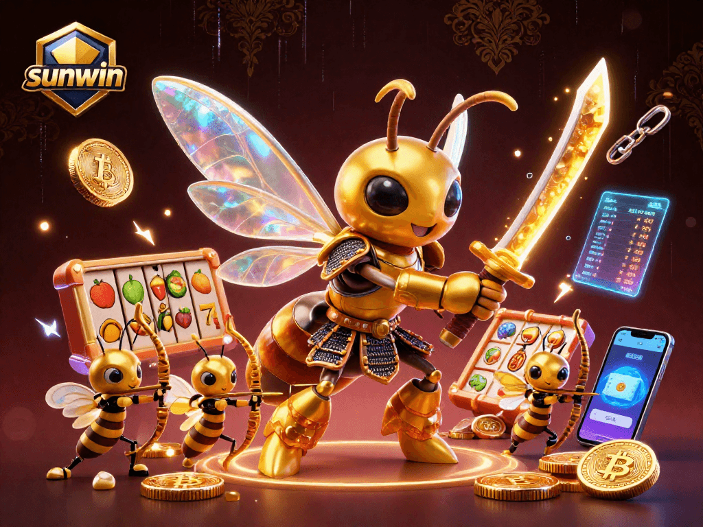 Sunwin showcases an energetic scene with a golden hornet and bee archers amidst vibrant slots and crypto coins.