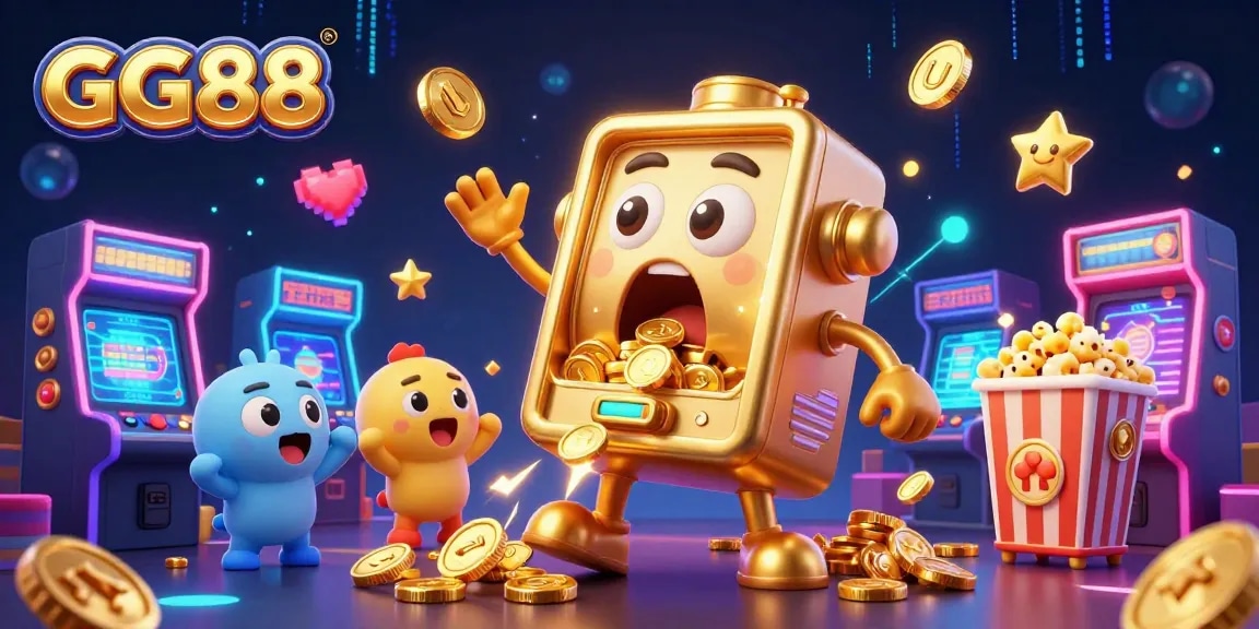 Win big at GG88 with a vibrant 3D illustration of dynamic casino games and cheerful characters.
