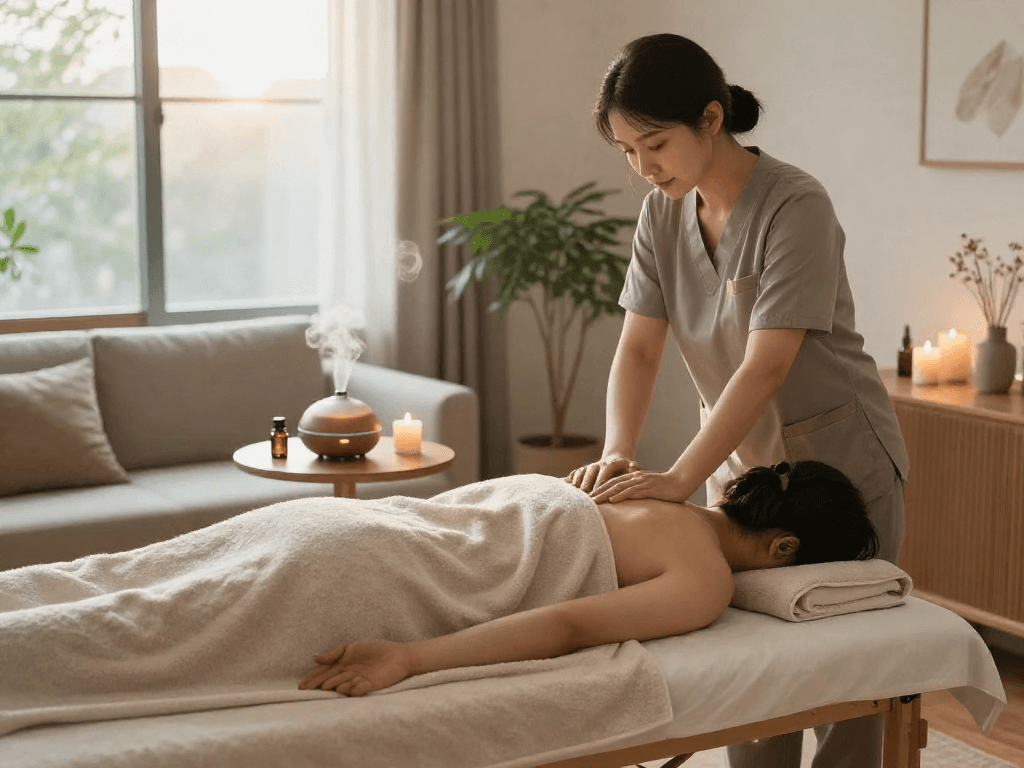 Experience soothing 강동구출장마사지 in a tranquil home spa setting.