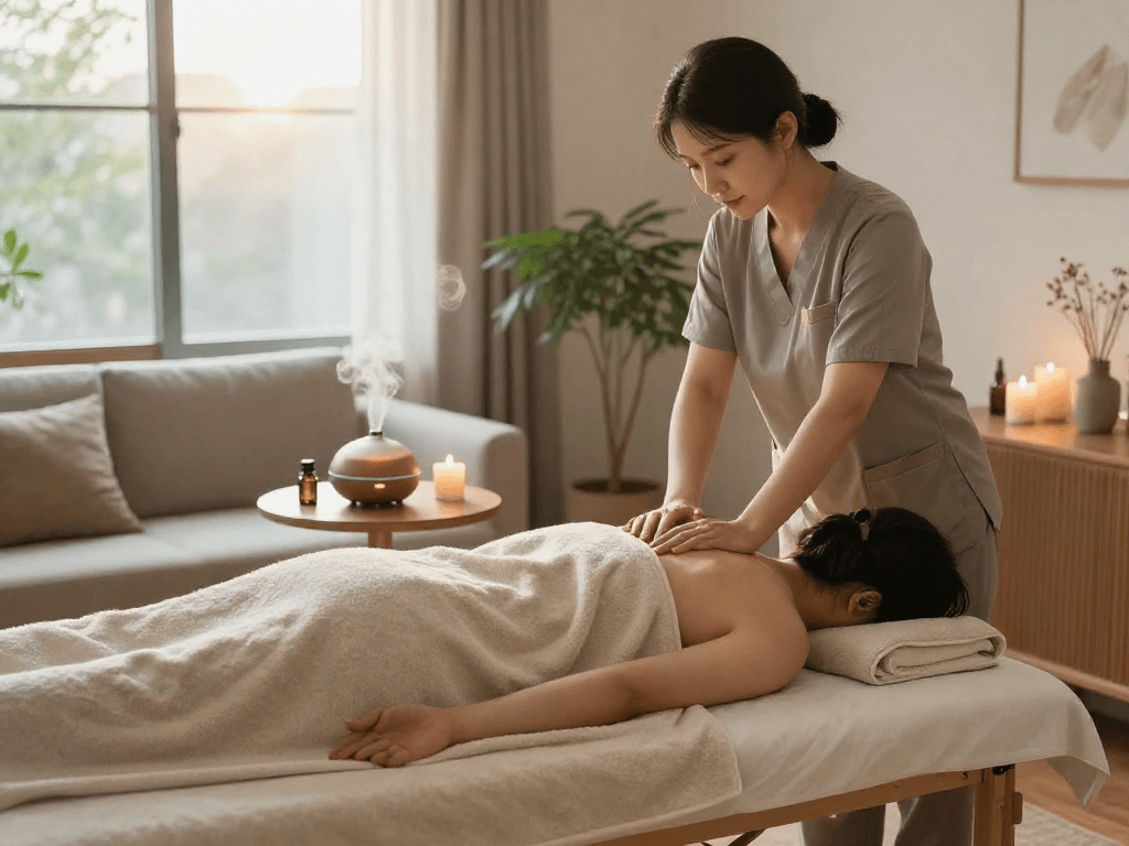 Experience soothing 강동구출장마사지 in a tranquil home spa setting.