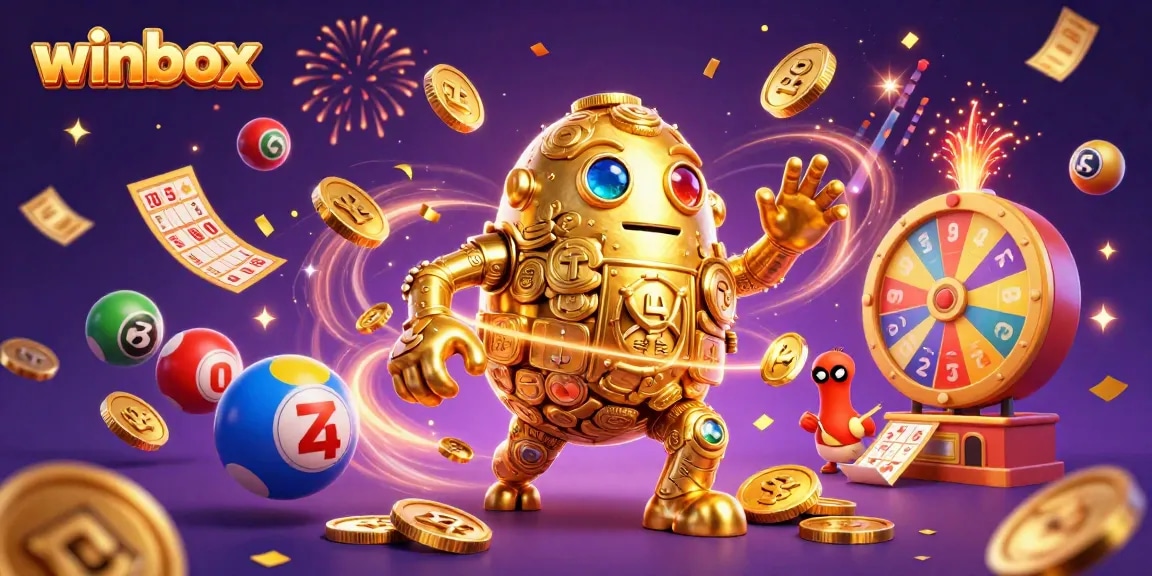 Winbox features a golden golem and dynamic lottery elements for an exciting casino experience.